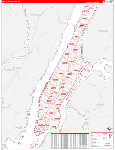 New York County Digital Map Red Line Style